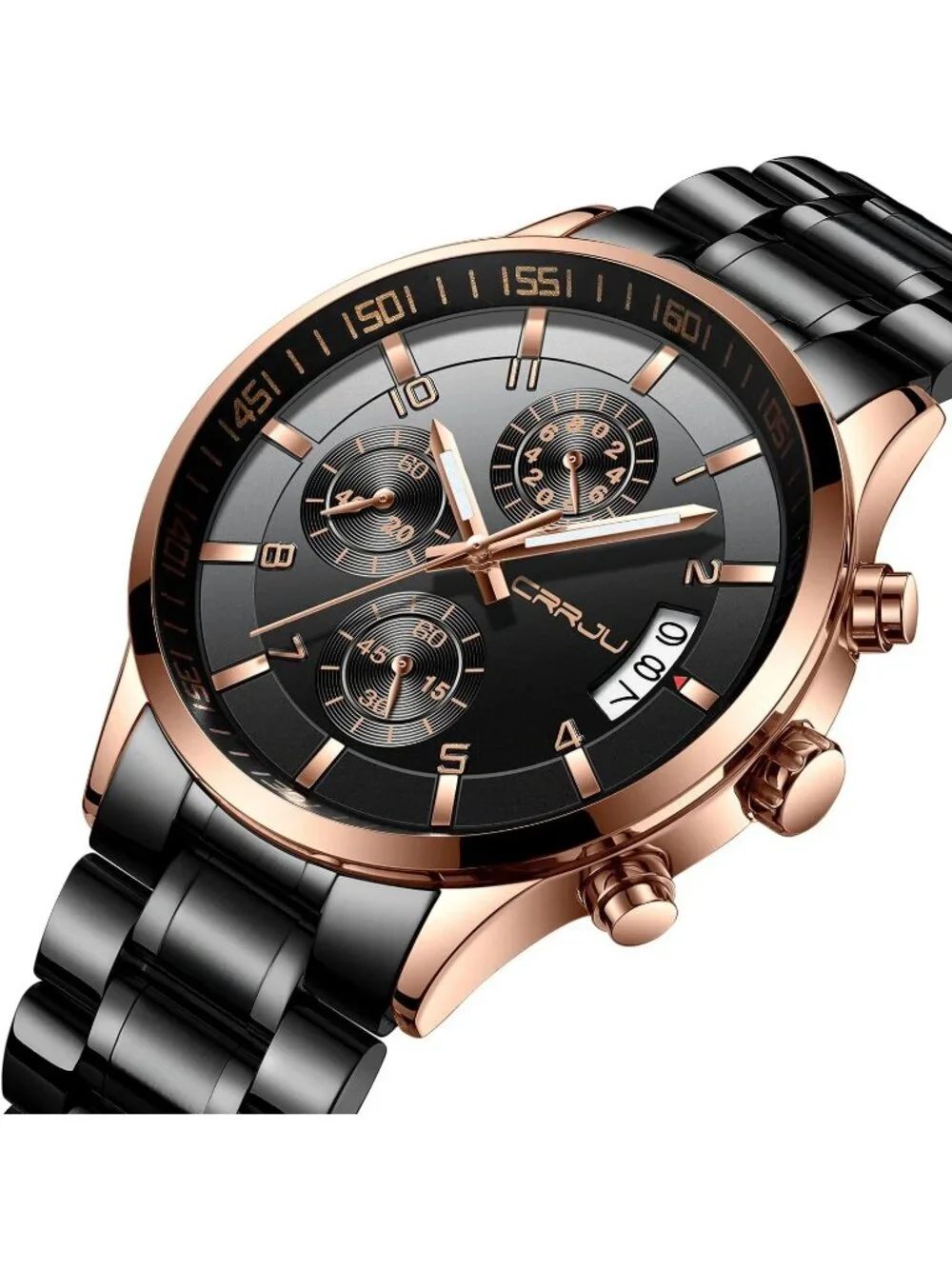 Men's Black Rose Gold Analog Stainless Steel Waterproof Chronograph Wrist Watch